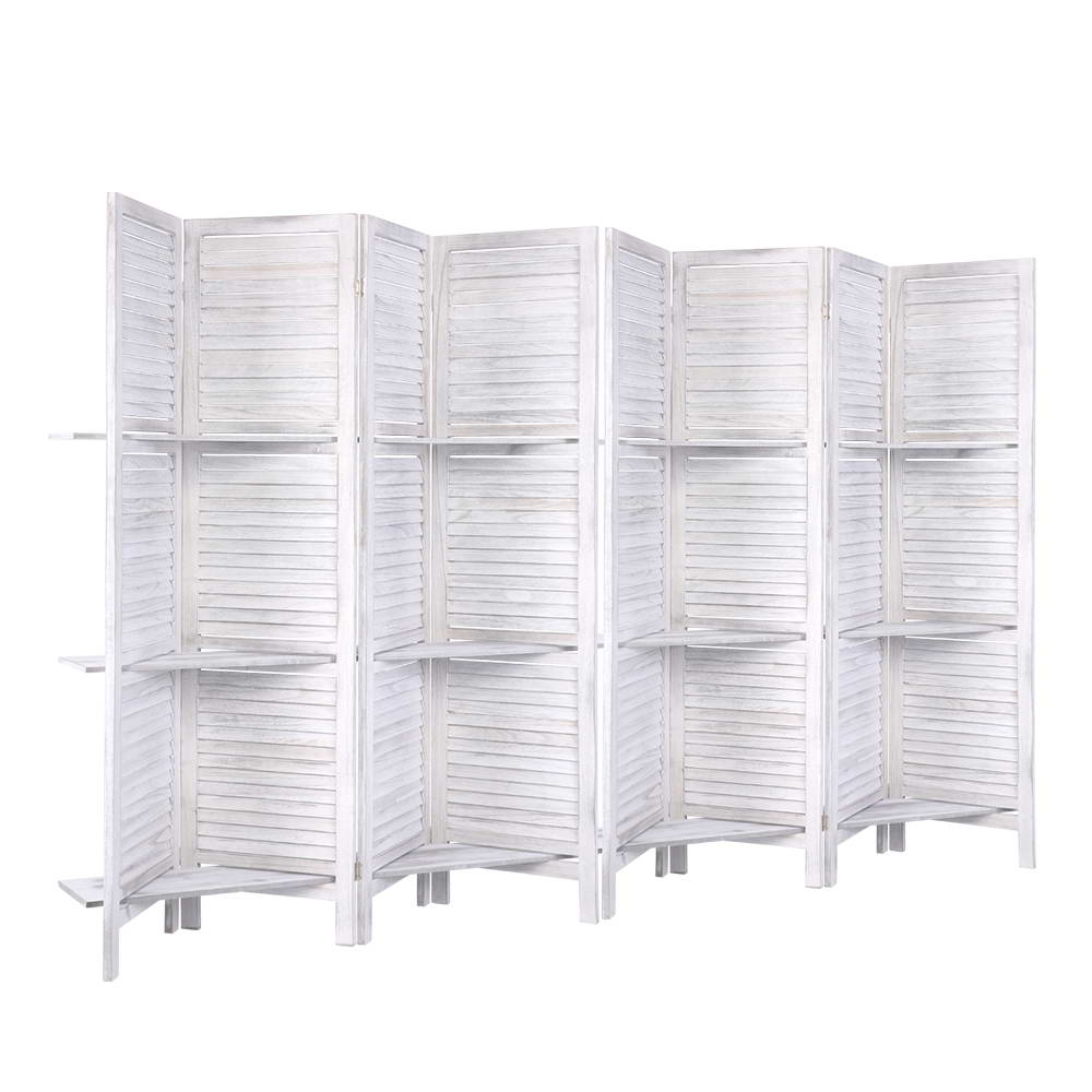 8 Panel Wooden Room Divider Privacy Screen with 3 Tier Shelves - White Homecoze