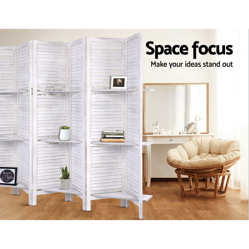 8 Panel Wooden Room Divider Privacy Screen with 3 Tier Shelves - White Homecoze