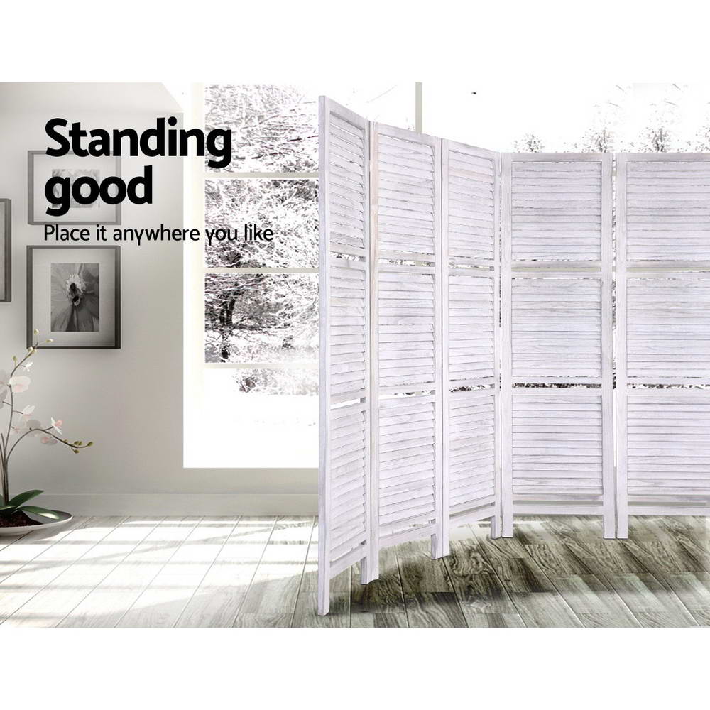 8 Panel Wooden Room Divider Privacy Screen with 3 Tier Shelves - White Homecoze