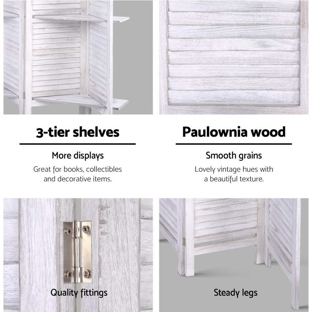 8 Panel Wooden Room Divider Privacy Screen with 3 Tier Shelves - White Homecoze