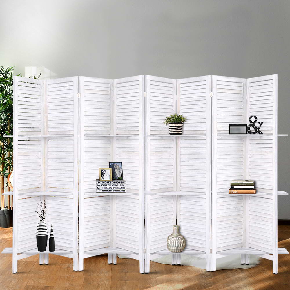 8 Panel Wooden Room Divider Privacy Screen with 3 Tier Shelves - White Homecoze
