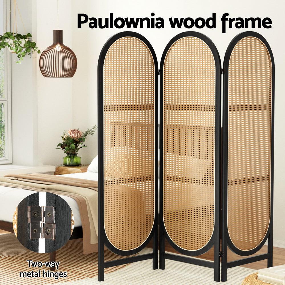 3 Panel Room Divider PE Rattan Privacy Screen - Black & Brown