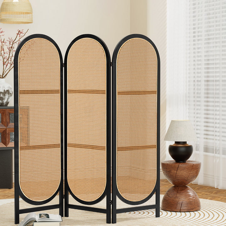 3 Panel Room Divider PE Rattan Privacy Screen - Black & Brown