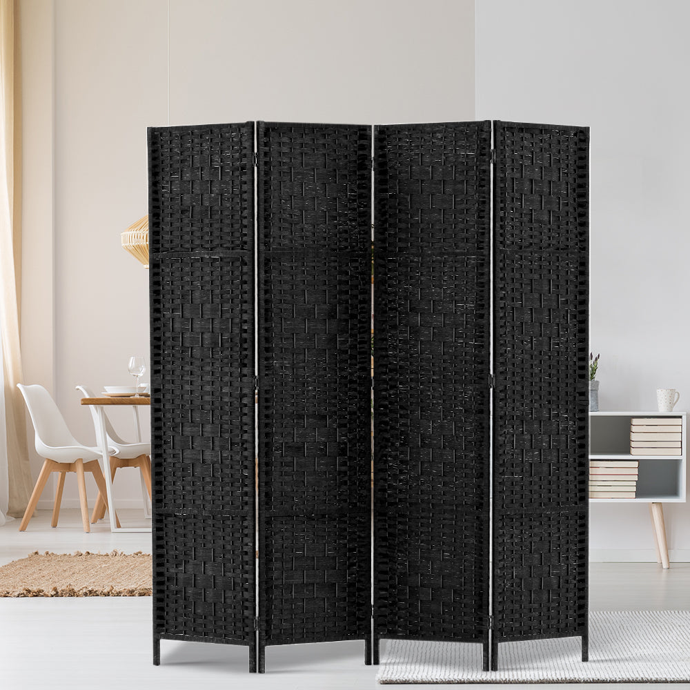 4 Panel Rattan Woven Room Divider Privacy Screen - Black Homecoze