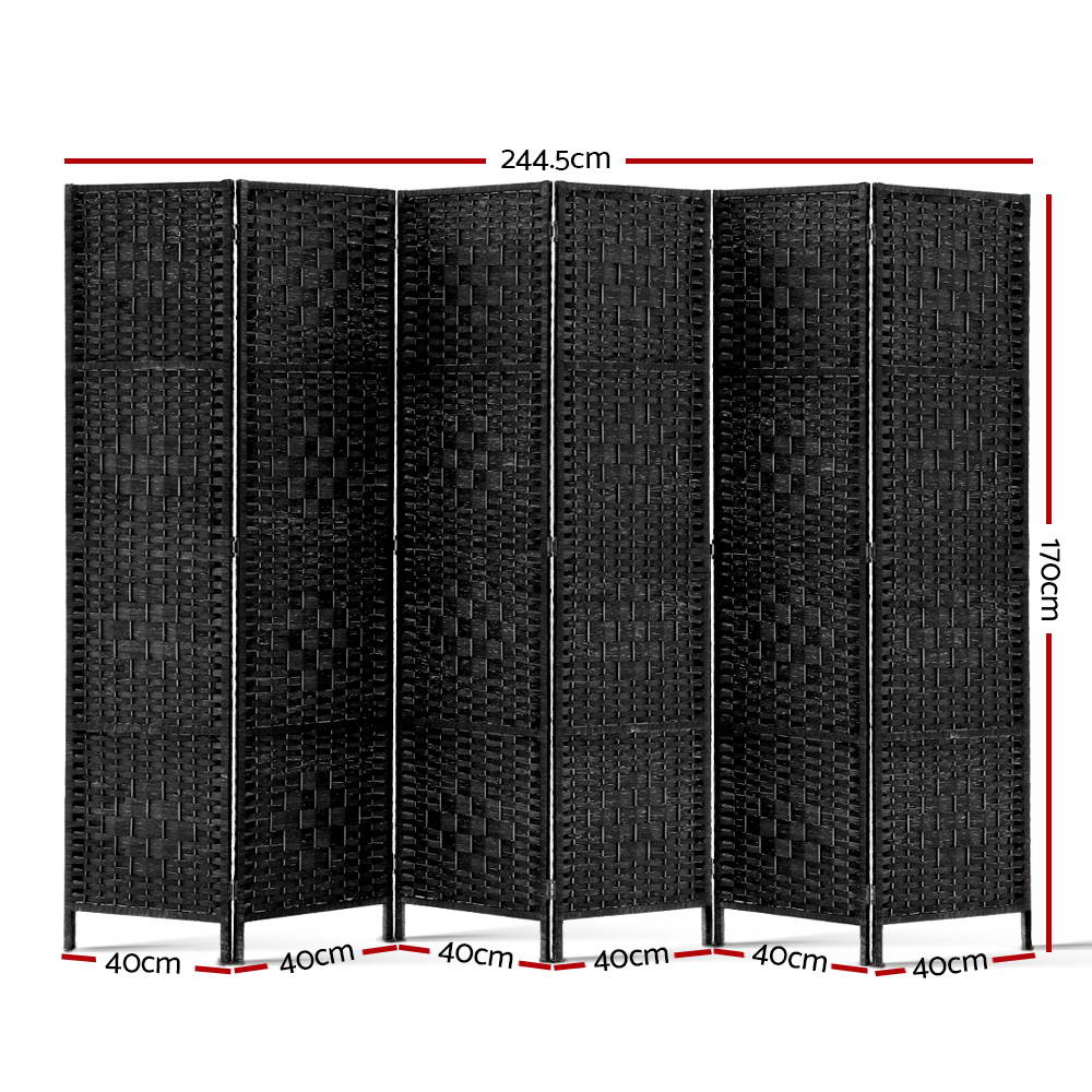 6 Panel Rattan Woven Room Divider Privacy Screen - Black Homecoze