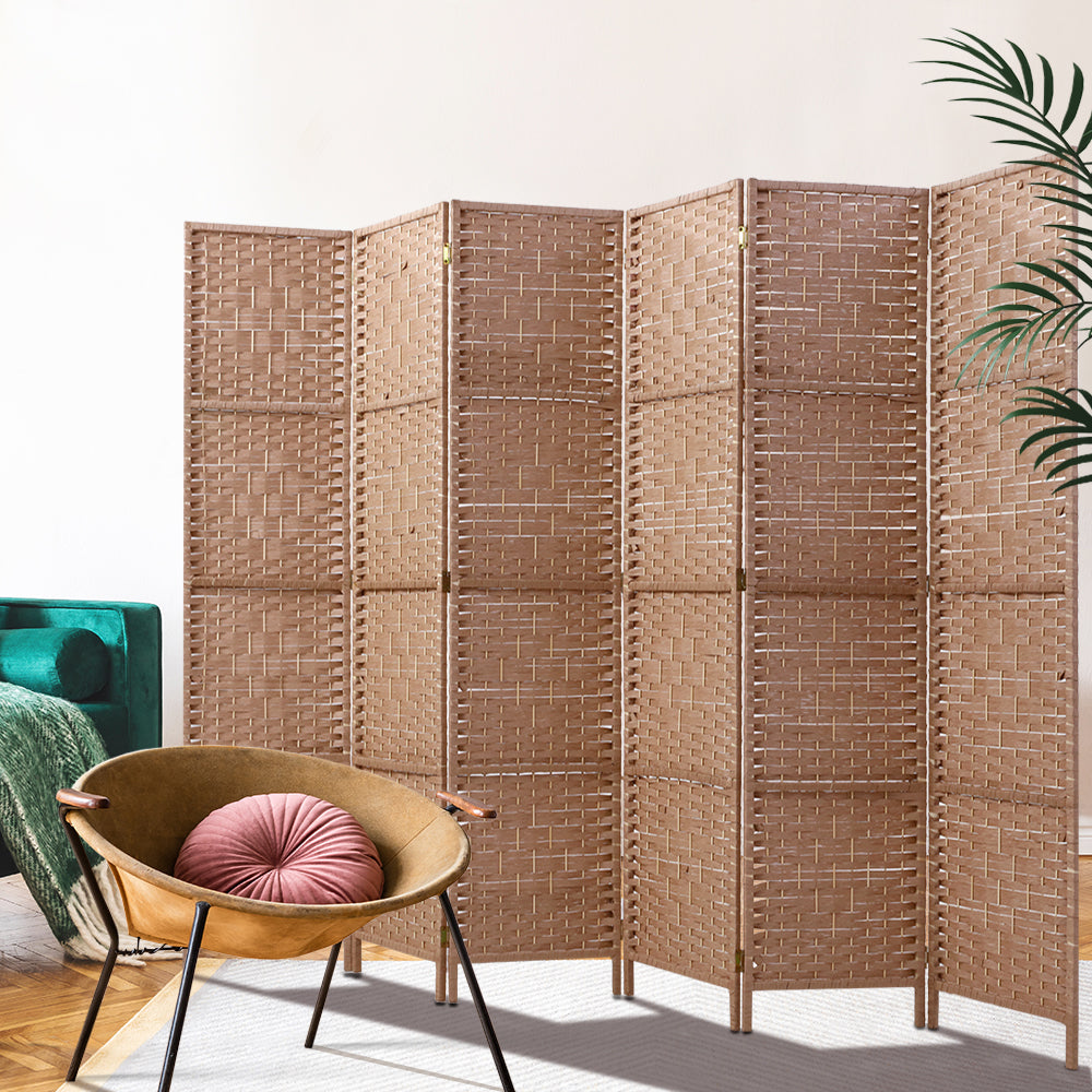 6 Panel Rattan Woven Room Divider Privacy Screen - Natural Homecoze