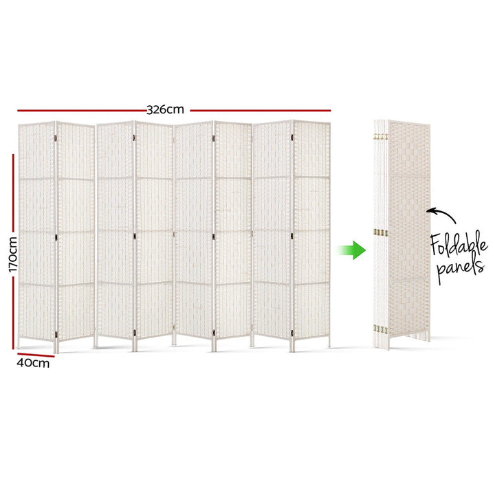 8 Panel Rattan Woven Room Divider Privacy Screen - White Homecoze