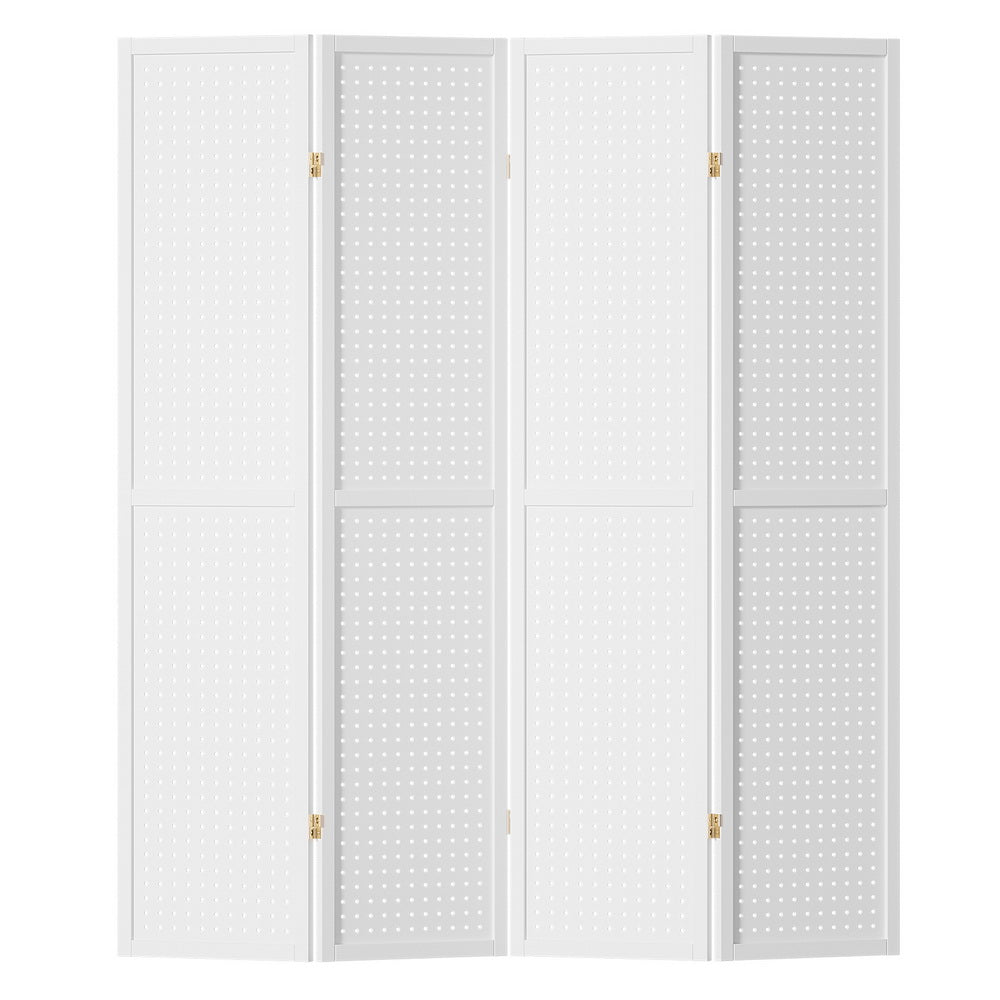 4 Panel Room Divider Wooden Pegboard Screen - White