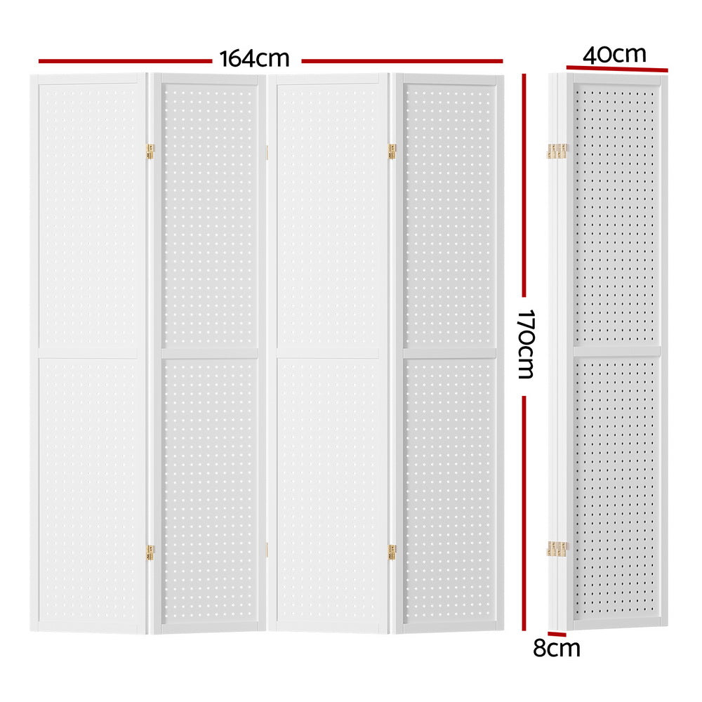 4 Panel Room Divider Wooden Pegboard Screen - White - Homecoze