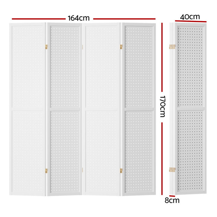 4 Panel Room Divider Wooden Pegboard Screen - White