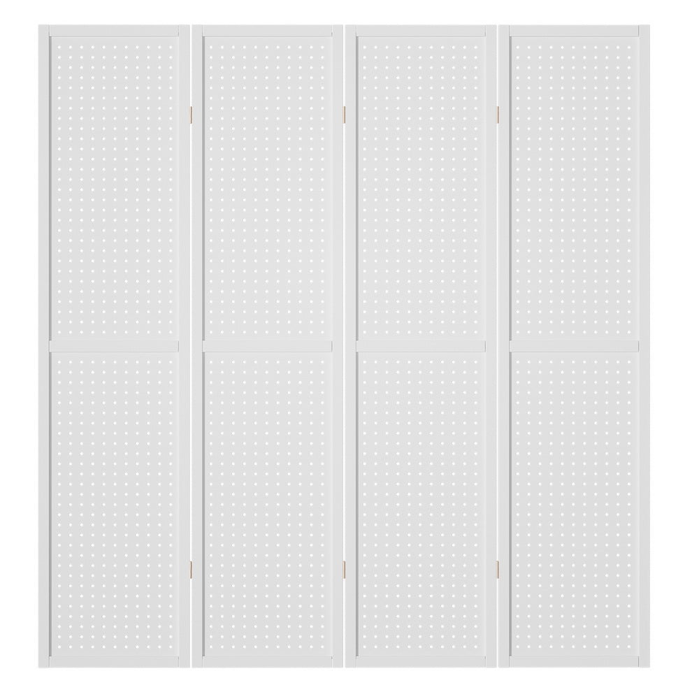 4 Panel Room Divider Wooden Pegboard Screen - White