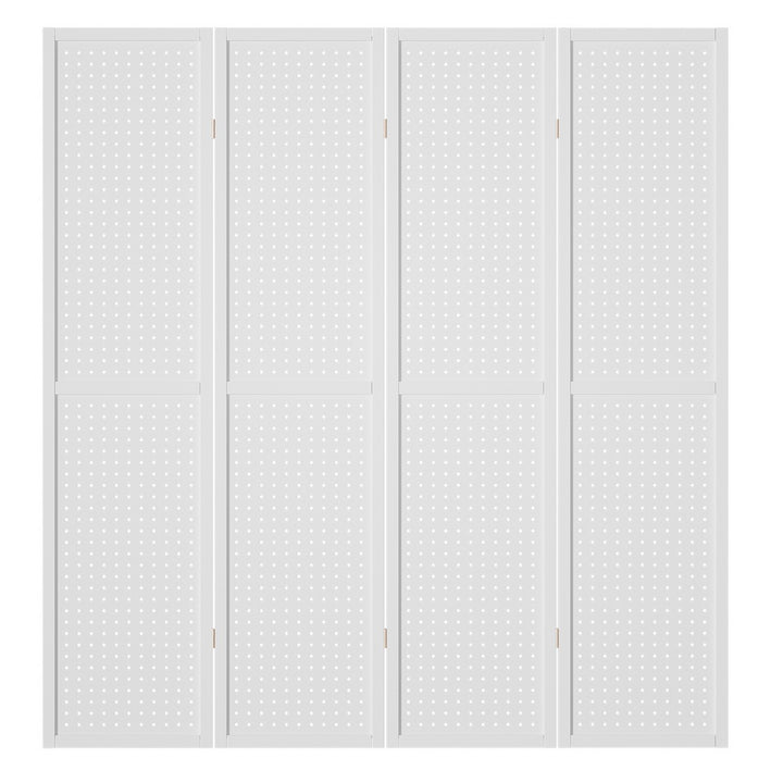 4 Panel Room Divider Wooden Pegboard Screen - White