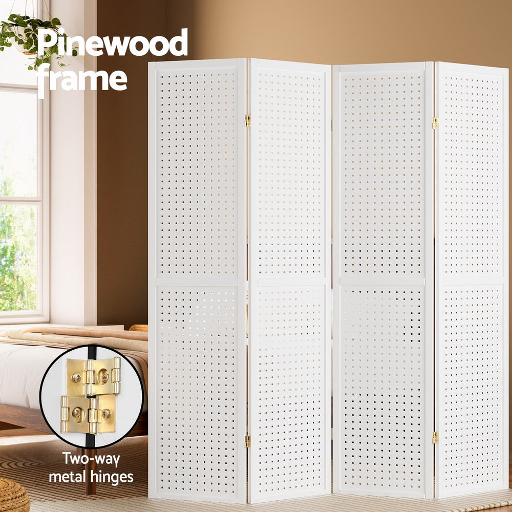 4 Panel Room Divider Wooden Pegboard Screen - White - Homecoze