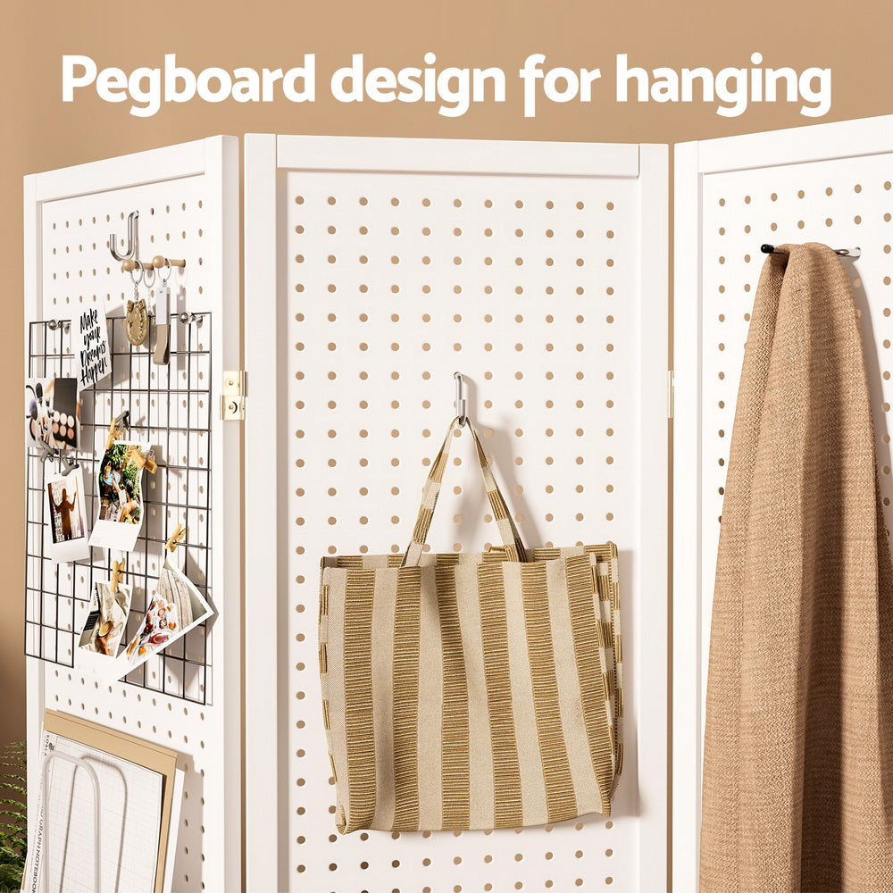 4 Panel Room Divider Wooden Pegboard Screen - White