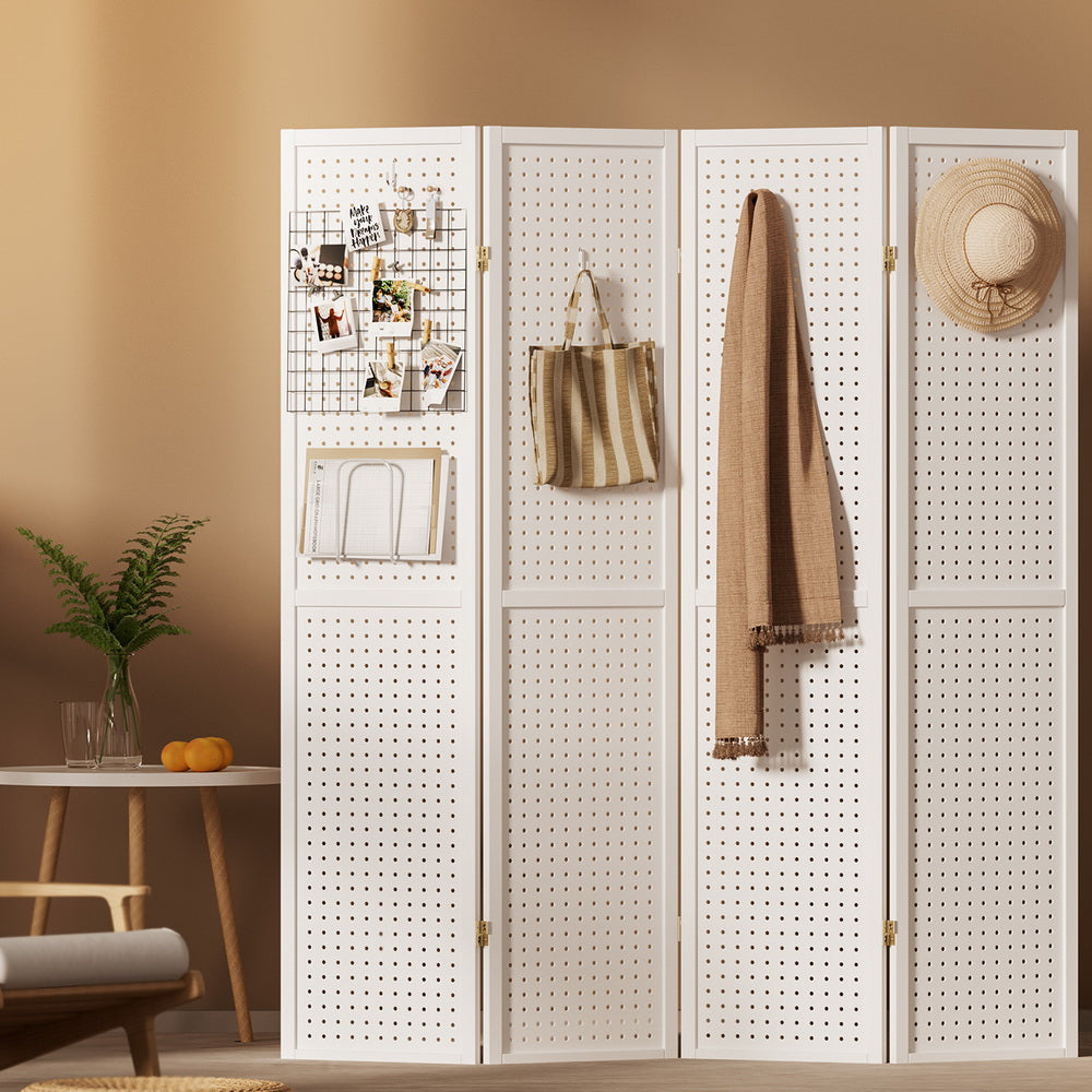 4 Panel Room Divider Wooden Pegboard Screen - White