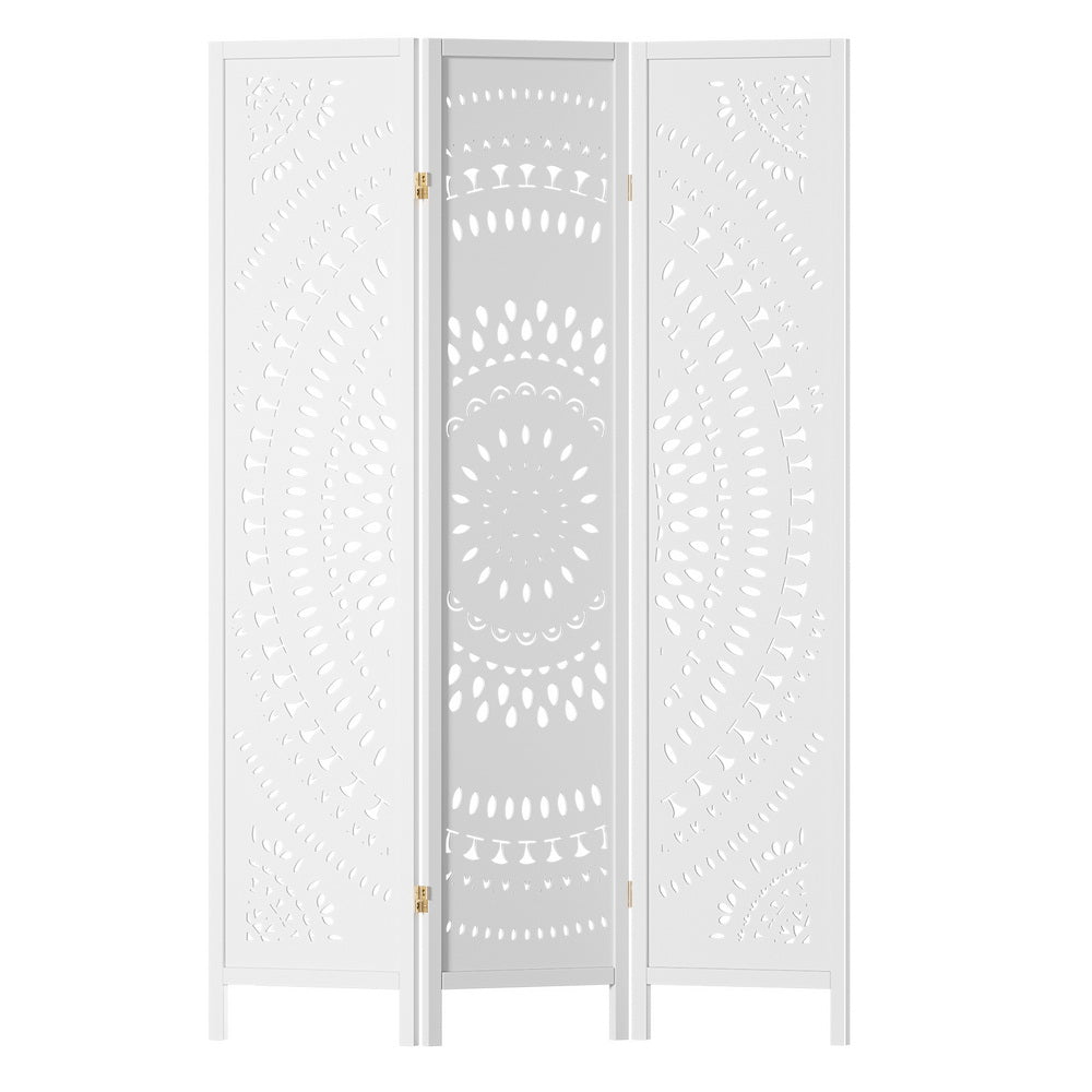 3 Panel Room Divider Wooden Screen Circle Pattern - White - Homecoze