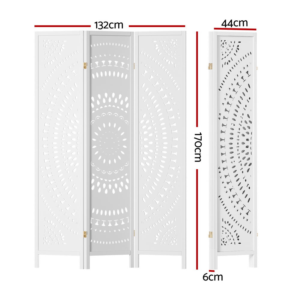 3 Panel Room Divider Wooden Screen Circle Pattern - White