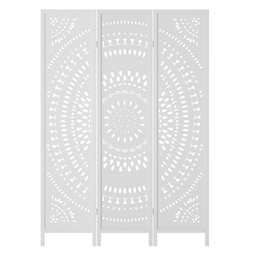 3 Panel Room Divider Wooden Screen Circle Pattern - White - Homecoze