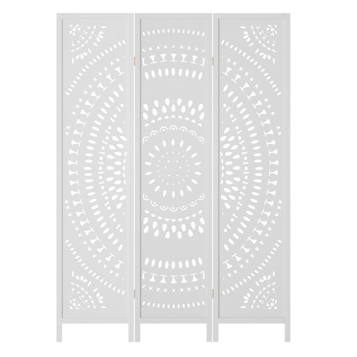 3 Panel Room Divider Wooden Screen Circle Pattern - White