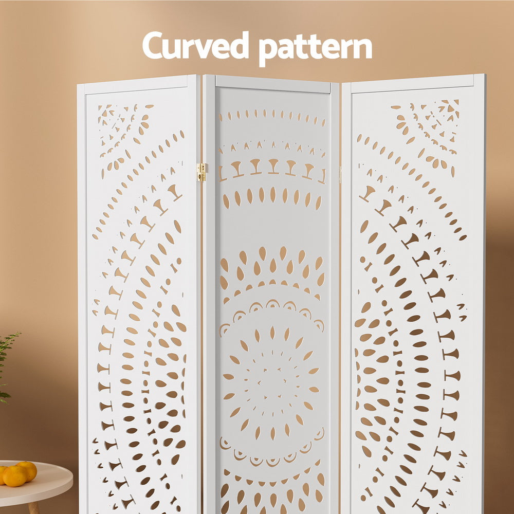 3 Panel Room Divider Wooden Screen Circle Pattern - White - Homecoze