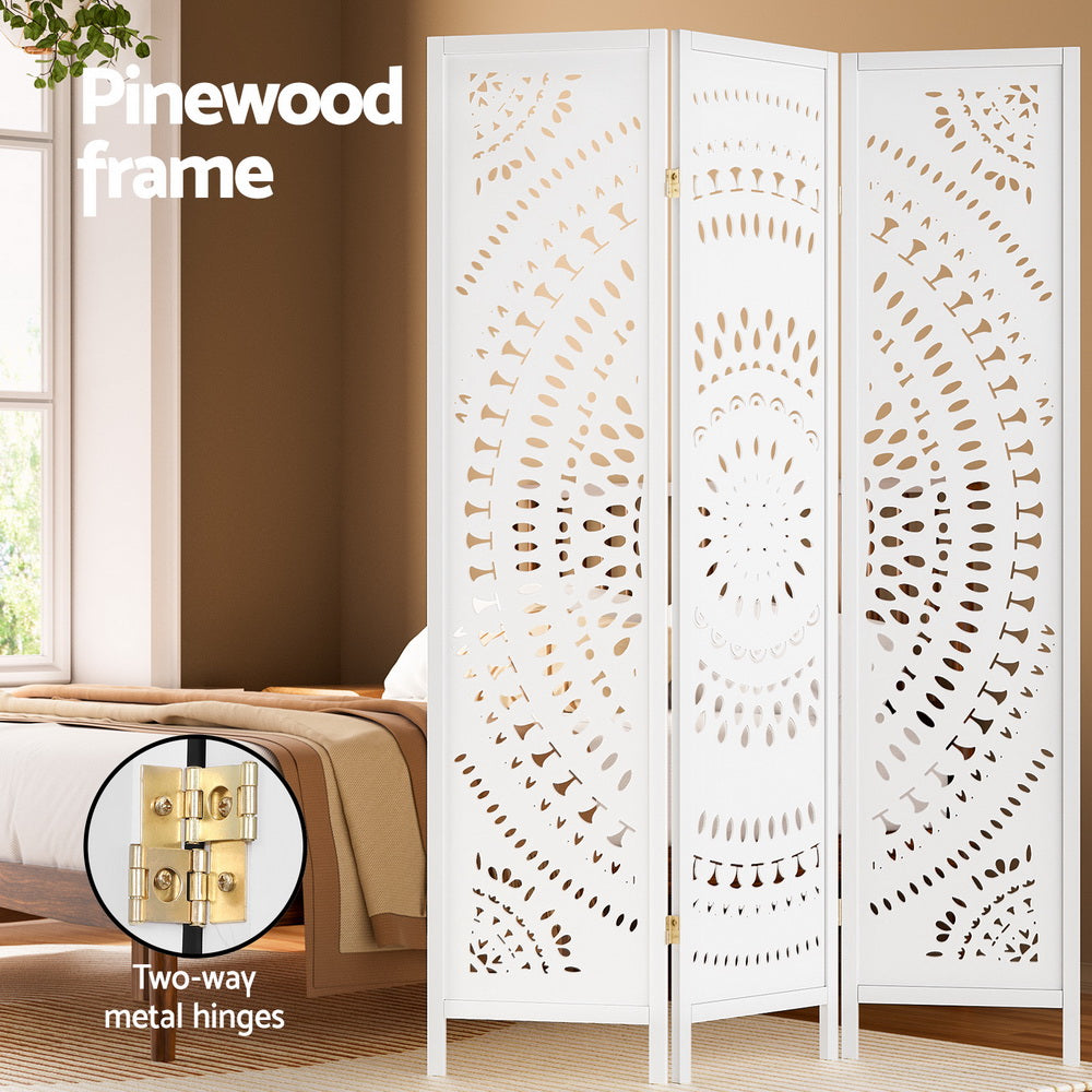 3 Panel Room Divider Wooden Screen Circle Pattern - White - Homecoze