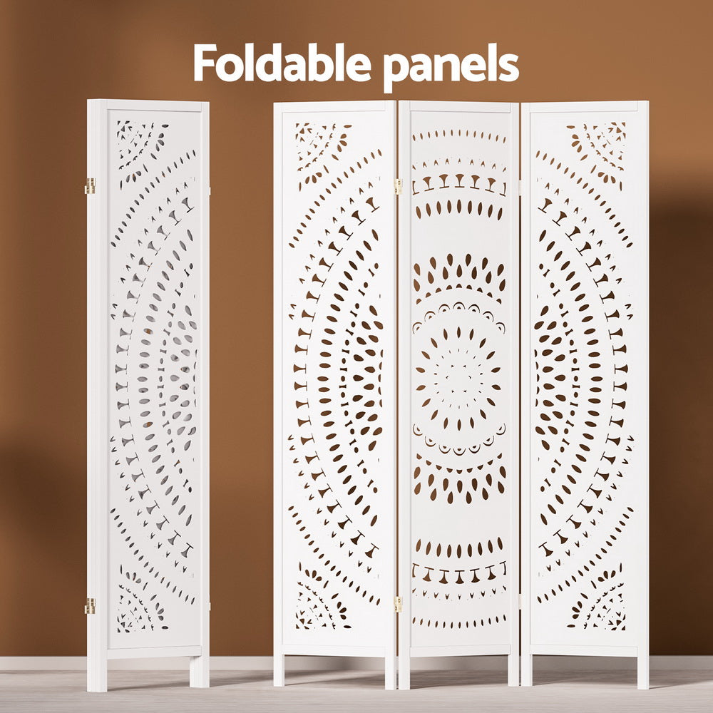 3 Panel Room Divider Wooden Screen Circle Pattern - White