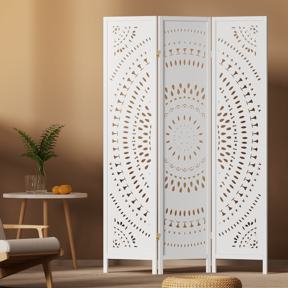 3 Panel Room Divider Wooden Screen Circle Pattern - White