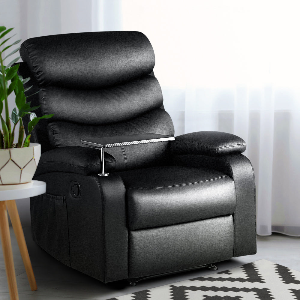 Recliner Sofa Chair with Mechanical Recline and Tray Table PU Leather - Black Homecoze