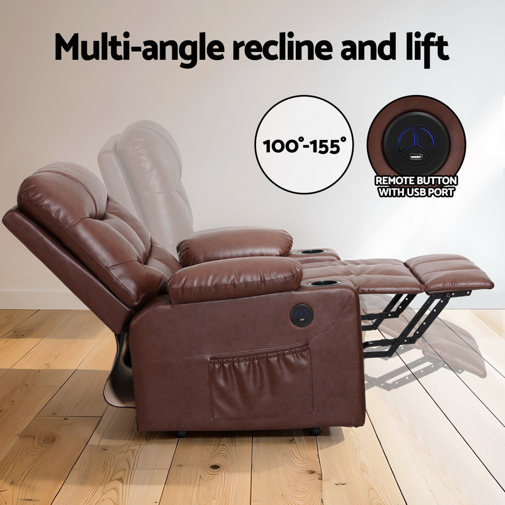 Electric Lift-Assist PU Leather Recliner Chair - Brown - Homecoze