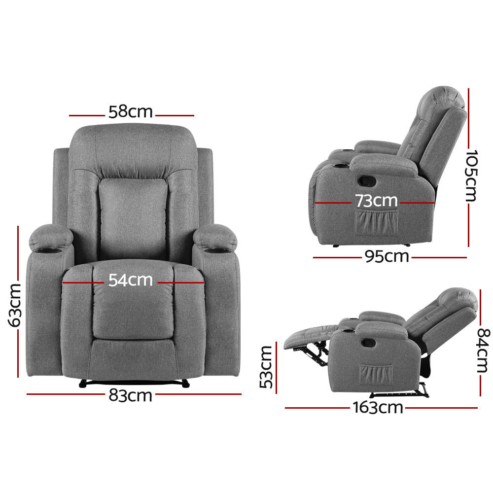 Recliner Lounge Armchair with Electric Heated Massage Faux Linen Fabric - Grey Homecoze