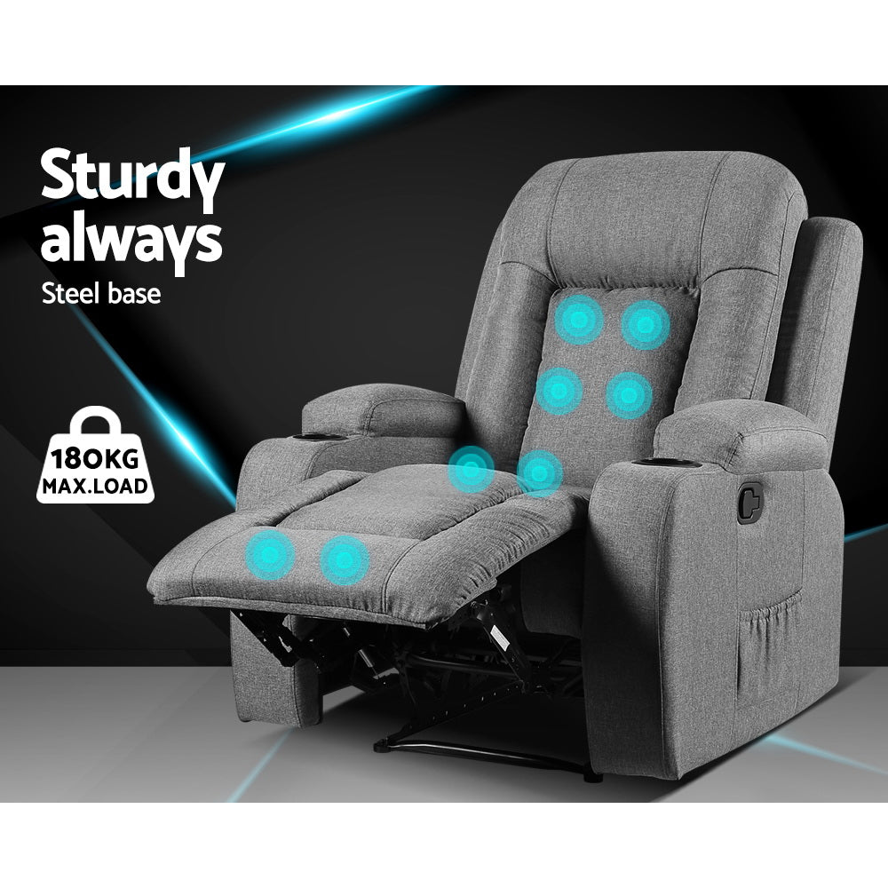 Recliner Lounge Armchair with Electric Heated Massage Faux Linen Fabric - Grey Homecoze
