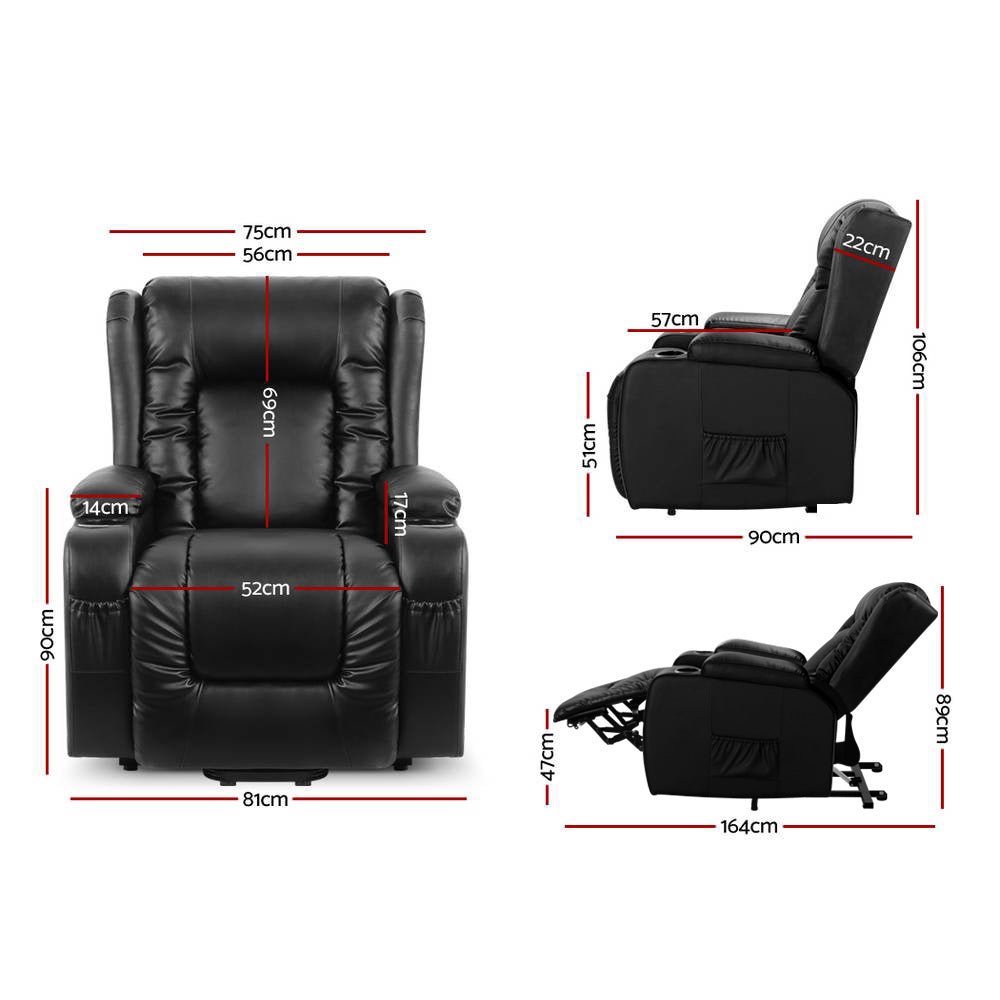 Electric Recliner Sofa Chair Automated Lift and Recline Heated Massage PU Leather - Black Homecoze