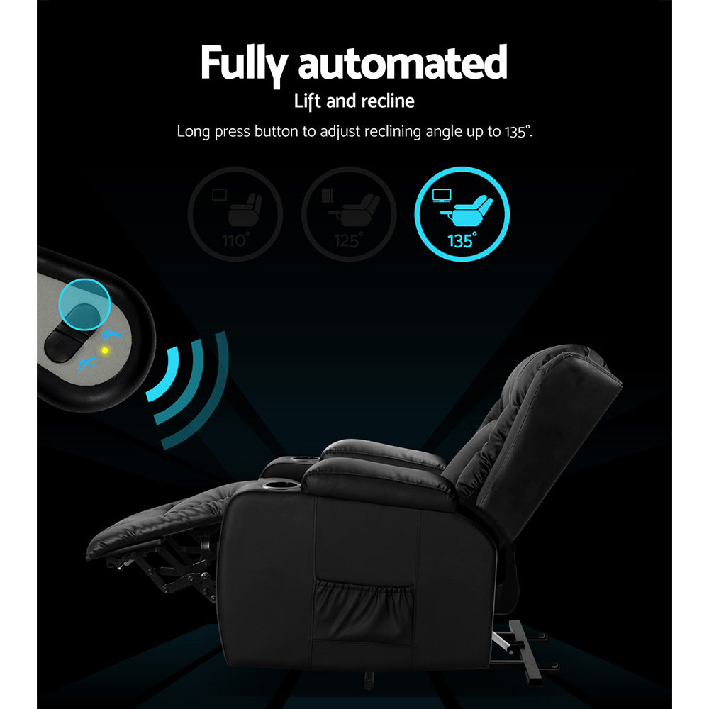 Electric Recliner Sofa Chair Automated Lift and Recline Heated Massage PU Leather - Black Homecoze