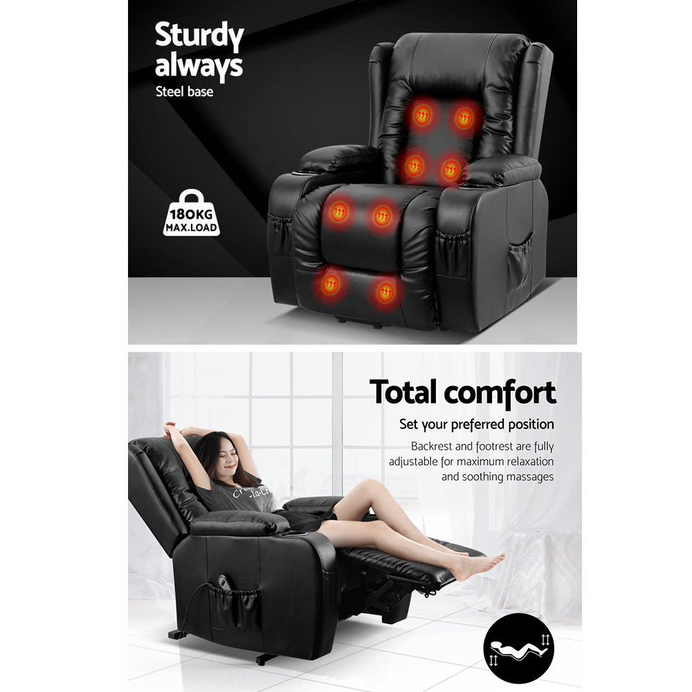 Electric Recliner Sofa Chair Automated Lift and Recline Heated Massage PU Leather - Black Homecoze