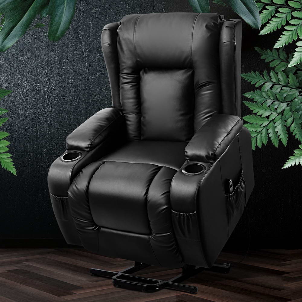 Electric Recliner Sofa Chair Automated Lift and Recline Heated Massage PU Leather - Black Homecoze