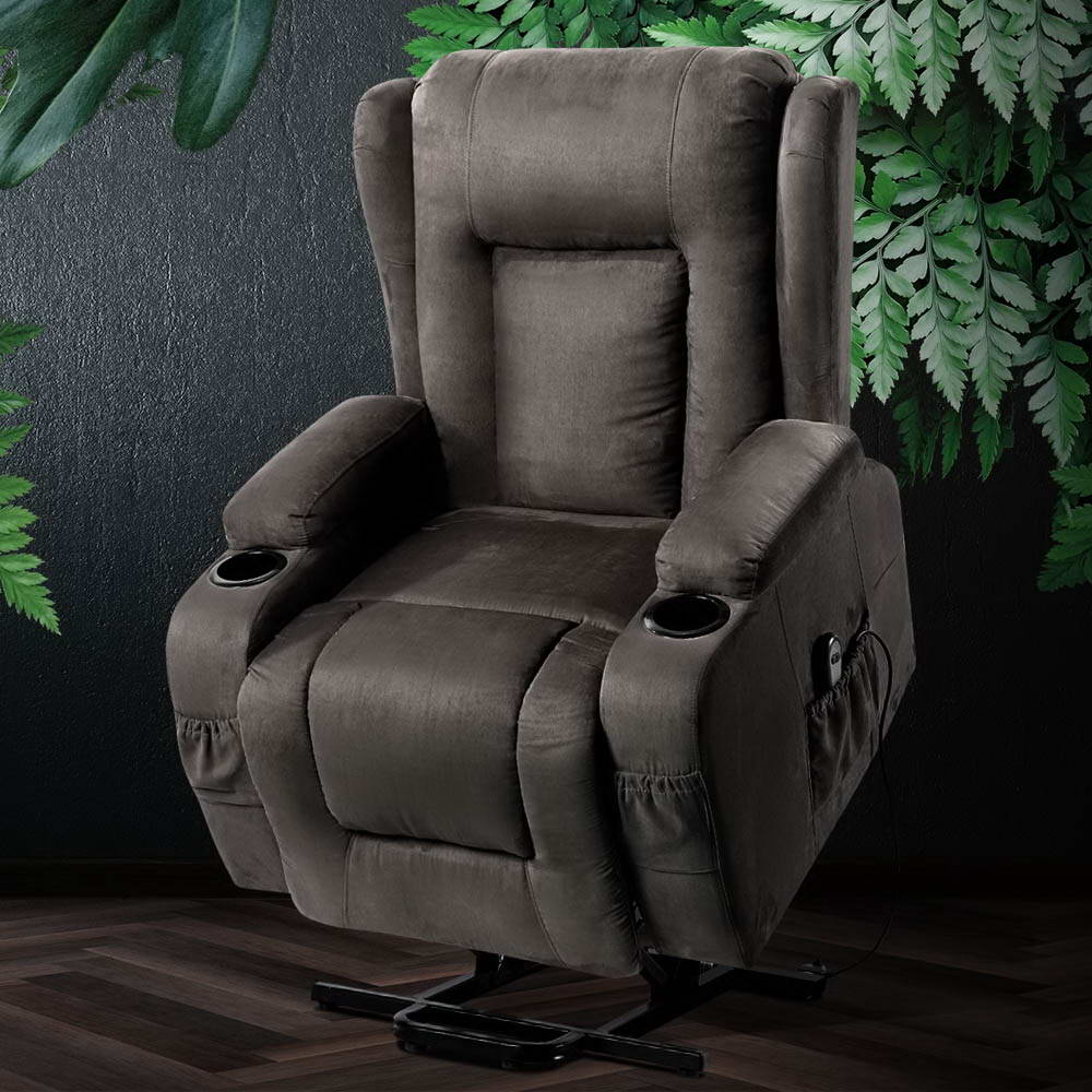 Electric Recliner Sofa Chair Automated Lift and Recline Heated Massage Suede Fabric - Grey Homecoze