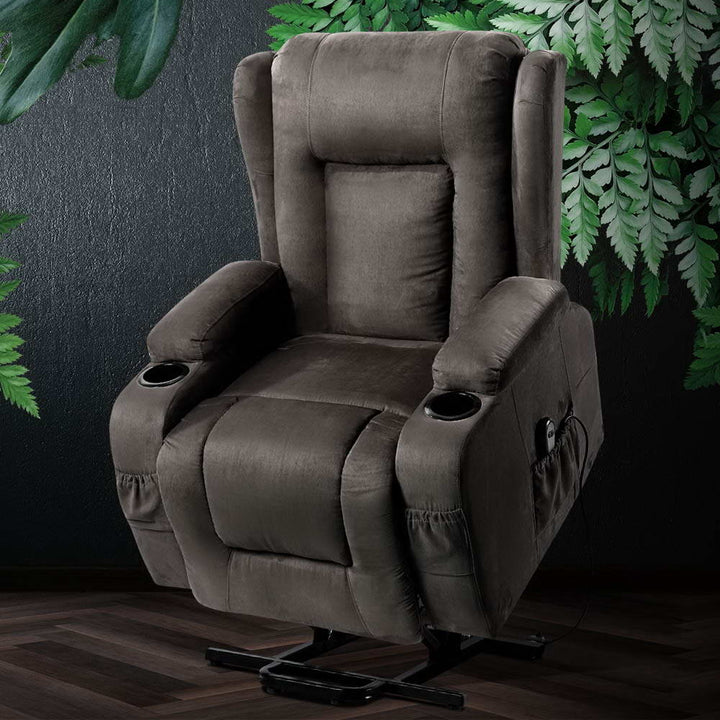 Electric Recliner Sofa Chair Automated Lift and Recline Heated Massage Suede Fabric - Grey Homecoze