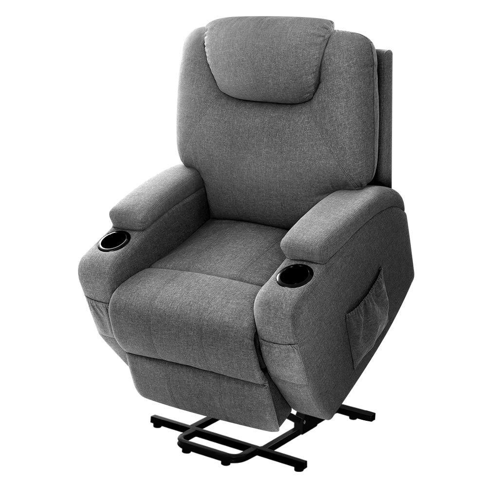 Electric Recliner Sofa Chair Automated Lift and Recline Heated Massage Faux Linen Fabric - Grey Homecoze