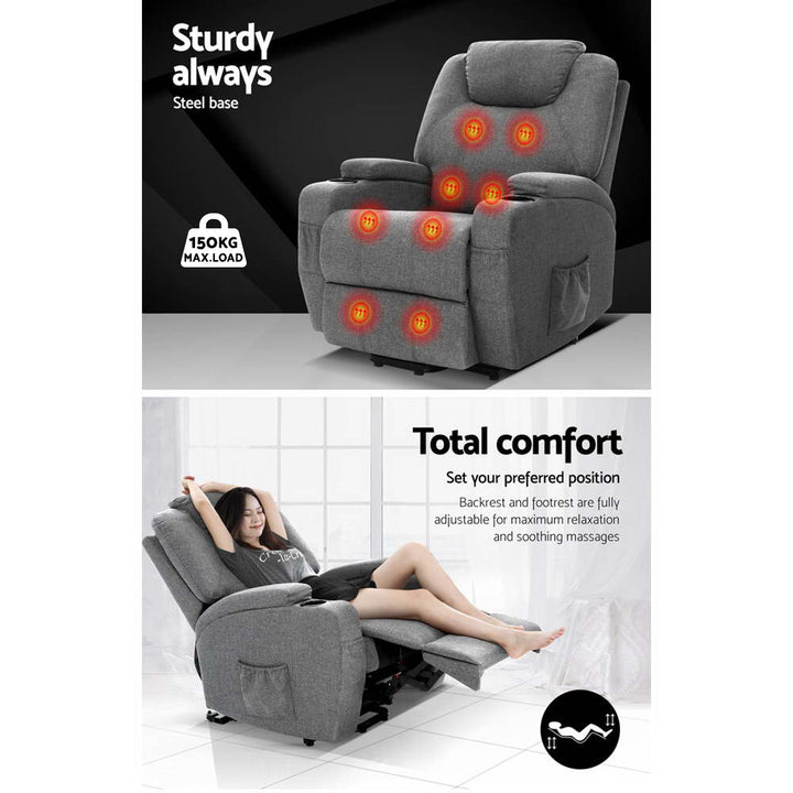 Electric Recliner Sofa Chair Automated Lift and Recline Heated Massage Faux Linen Fabric - Grey Homecoze