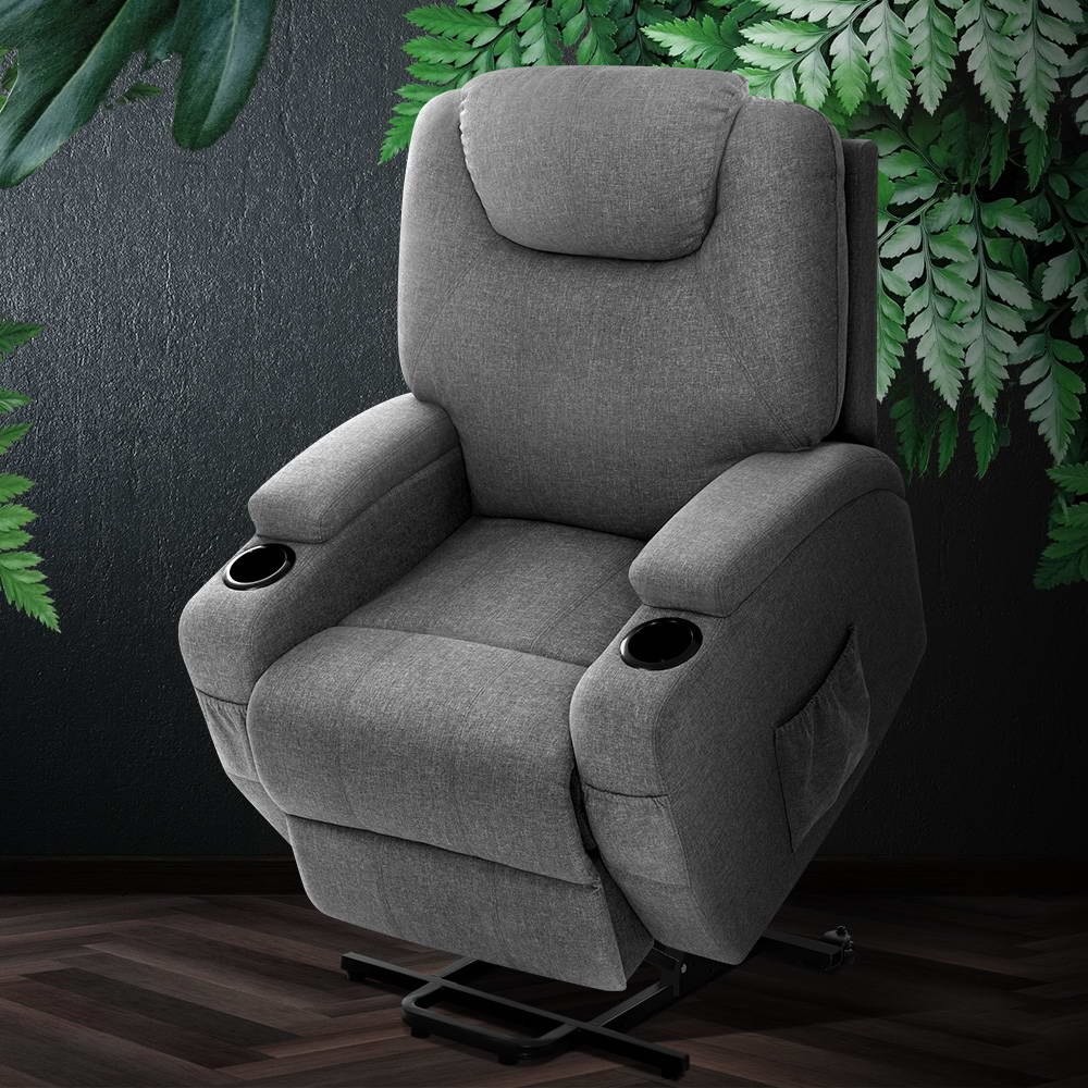 Electric Recliner Sofa Chair Automated Lift and Recline Heated Massage Faux Linen Fabric - Grey Homecoze