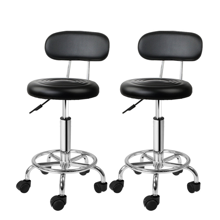 Set of 2 Round Salon Stools with Backrest PU Leather Swivel Hydraulic Lift Chair - Black Homecoze