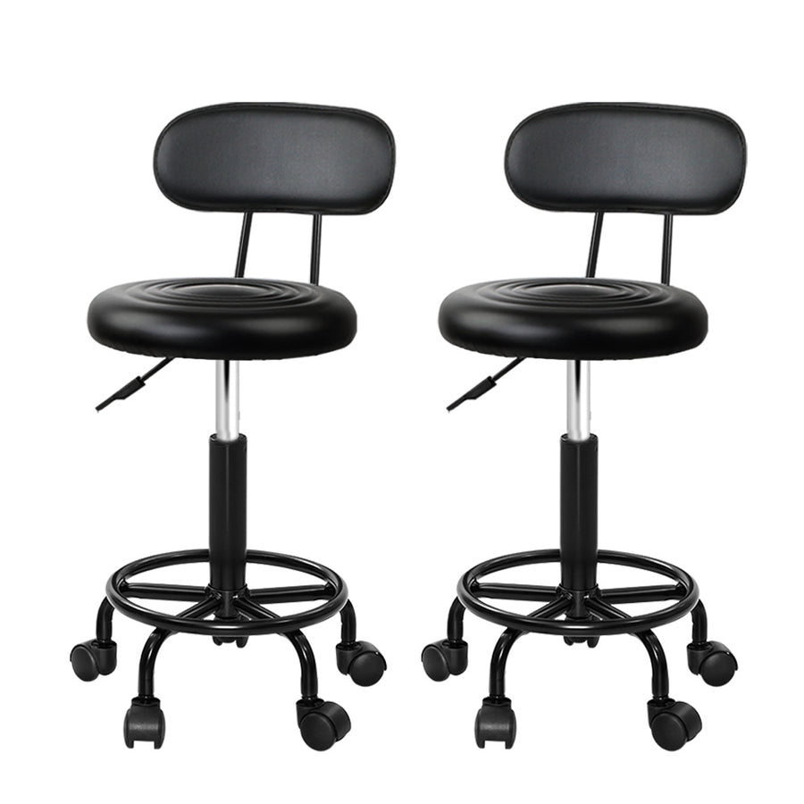 Set of 2 Round Salon Stools with Backrest PU Leather Swivel Hydraulic Lift Chair - Black/Black Homecoze