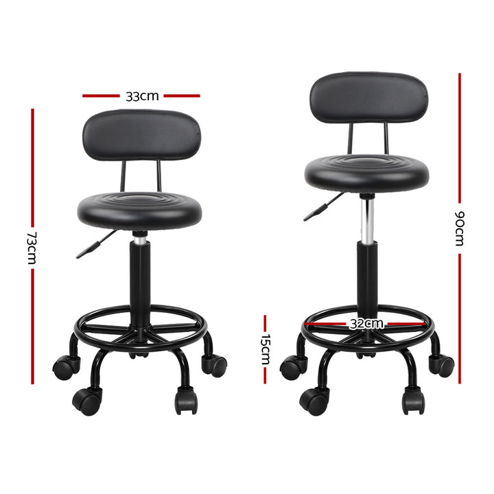 Set of 2 Round Salon Stools with Backrest PU Leather Swivel Hydraulic Lift Chair - Black/Black Homecoze