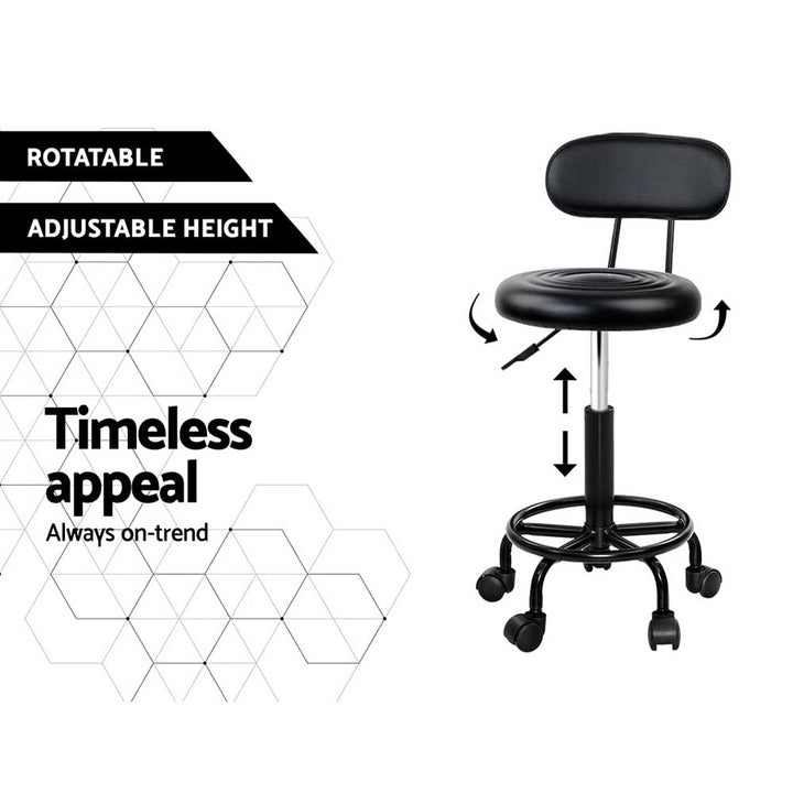 Set of 2 Round Salon Stools with Backrest PU Leather Swivel Hydraulic Lift Chair - Black/Black Homecoze