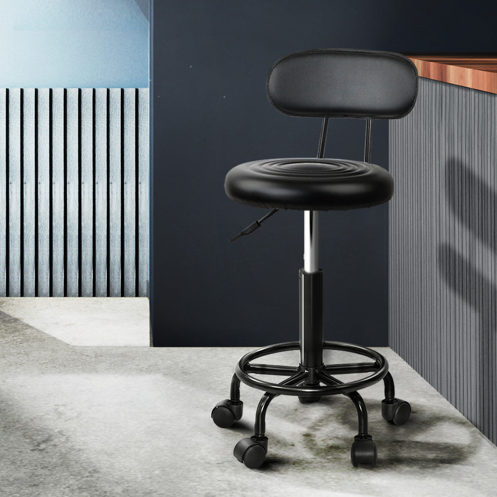 Set of 2 Round Salon Stools with Backrest PU Leather Swivel Hydraulic Lift Chair - Black/Black Homecoze