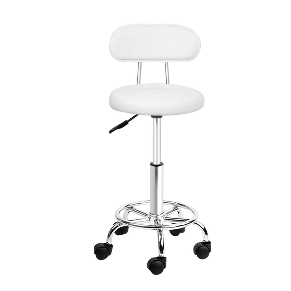 Round Salon Stool with Backrest PU Leather Swivel Hydraulic Lift Chair - White Homecoze