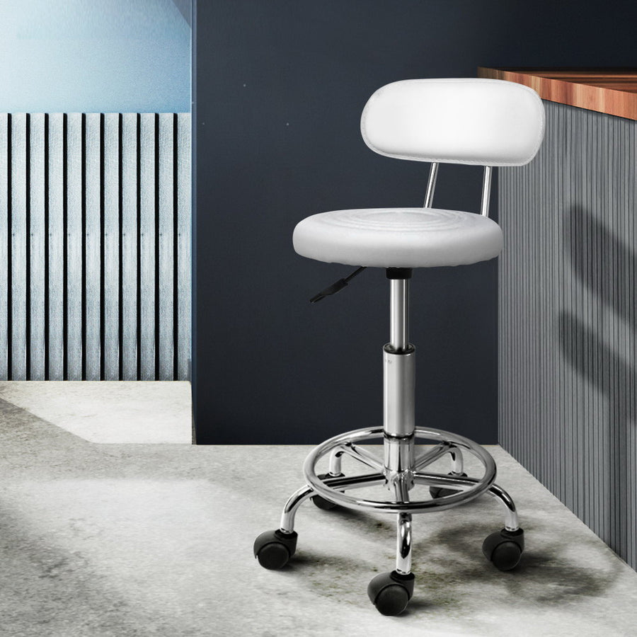 Round Salon Stool with Backrest PU Leather Swivel Hydraulic Lift Chair - White Homecoze