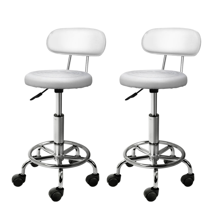 Set of 2 Round Salon Stools with Backrest PU Leather Swivel Hydraulic Lift Chair - White Homecoze