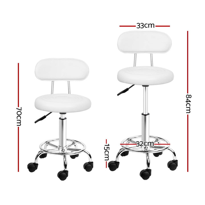 Set of 2 Round Salon Stools with Backrest PU Leather Swivel Hydraulic Lift Chair - White Homecoze