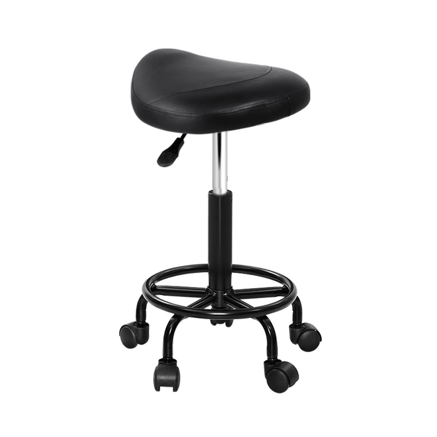 Saddle Seat Salon Stool PU Leather Swivel Hydraulic Lift Chair - Black on Black Homecoze